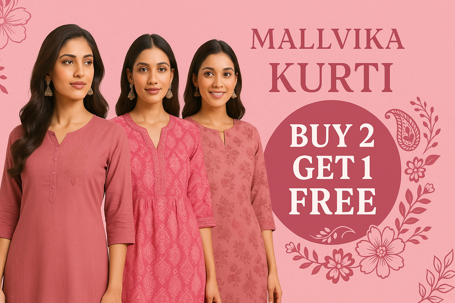 Mallvika Kurti Buy 2 Get 1 Free Pink Banner