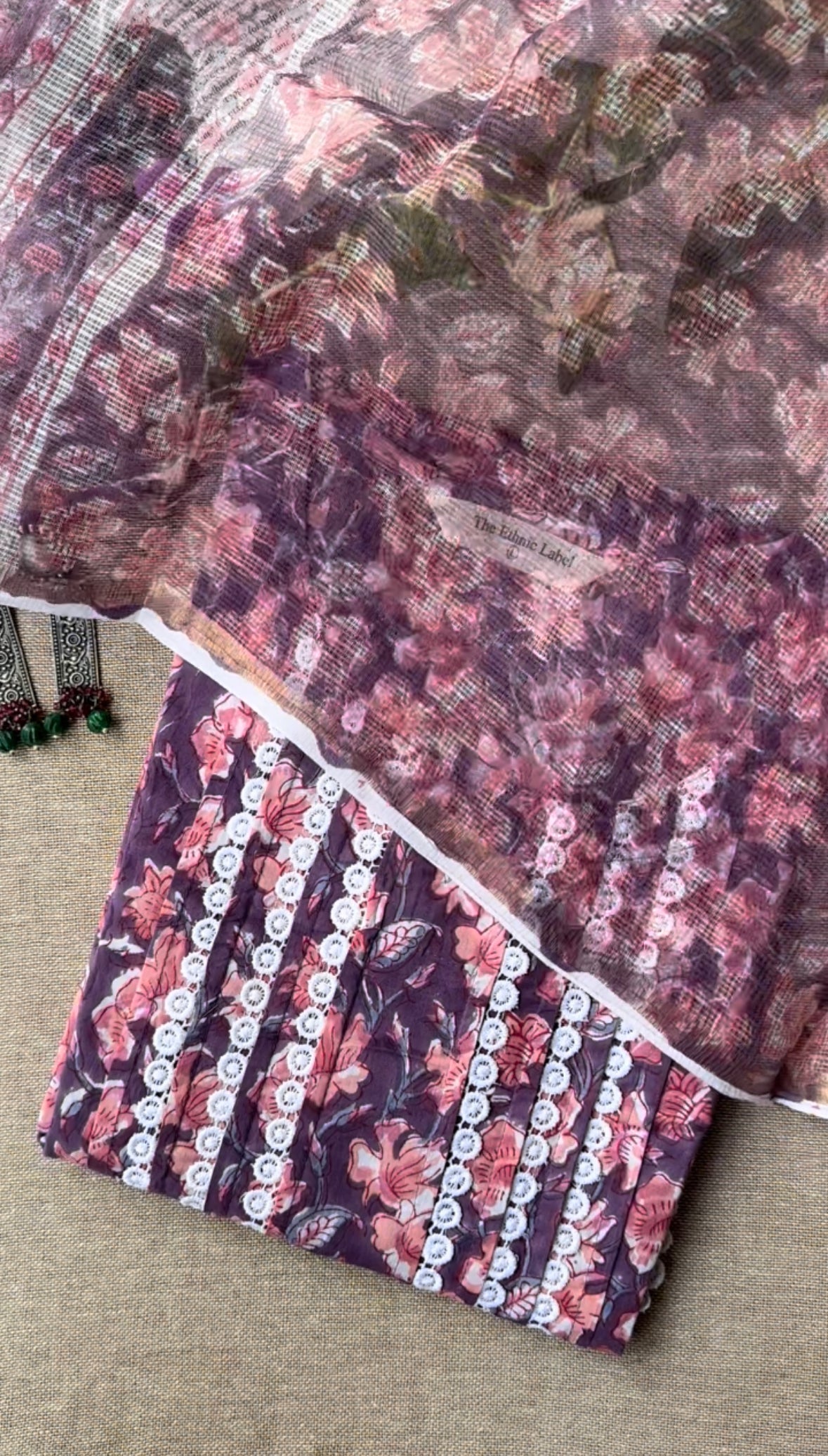 "Aina" Purple Laced Cotton Kurta with Kota Doriya Dupatta - Image 2