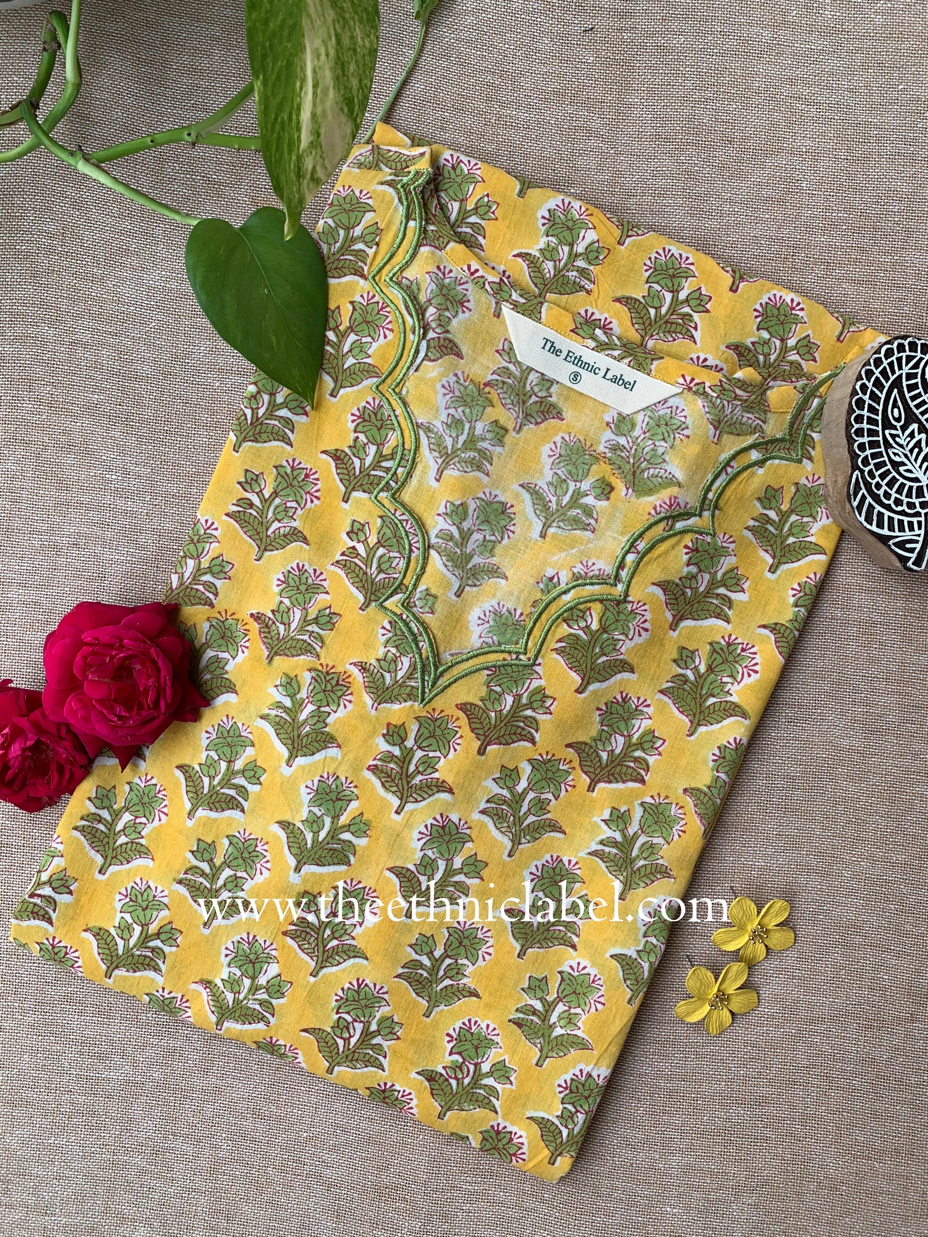 "Aarushi" Hand Block Printed Scalloped Cotton kurta - M