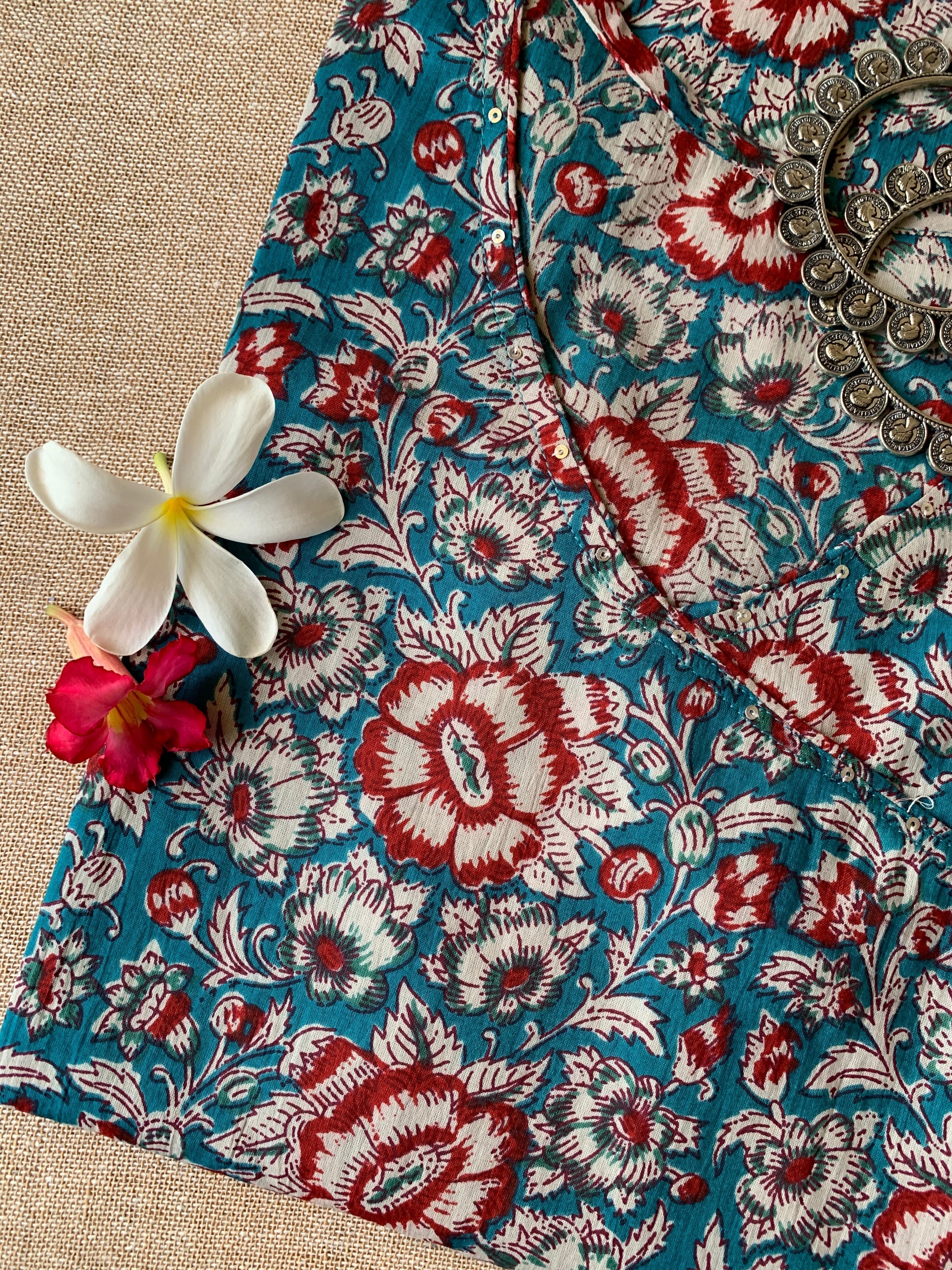 "Bahara" Blue Angrakha Cotton Kurta - Big Size - Image 3